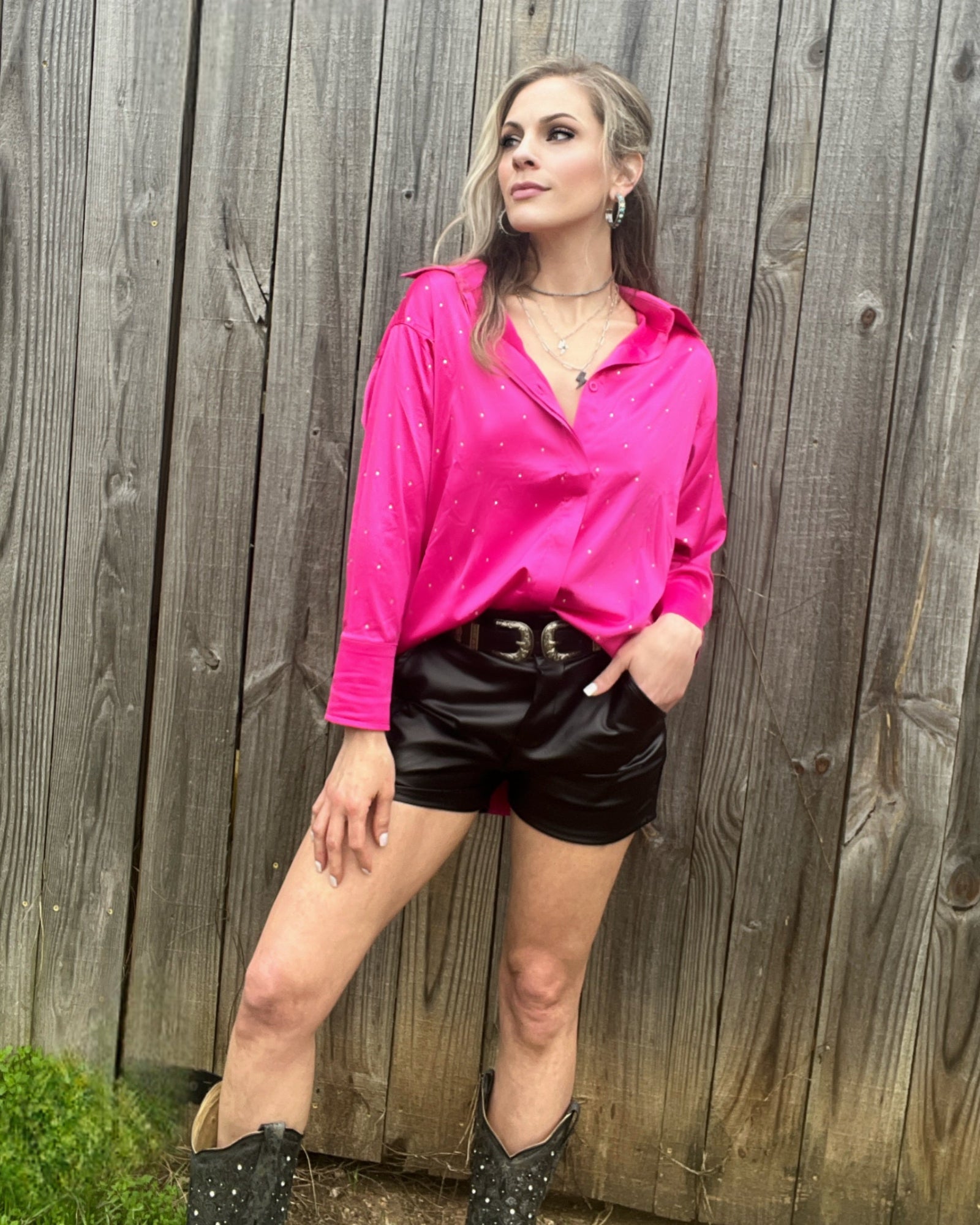 Pink Satin Rhinestone Oversized Button Up - Cassie's Creekside Boutique