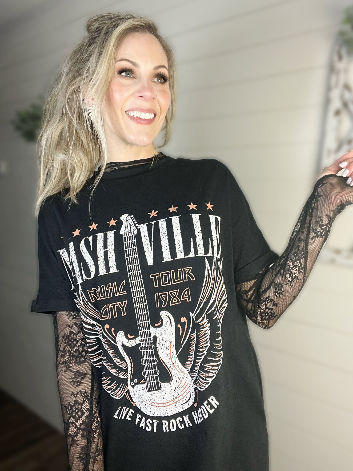 Nashville Guitar Print Black Mini T-Shirt Dress Small Nashville Guitar Print Black Mini T-Shirt Dress Small