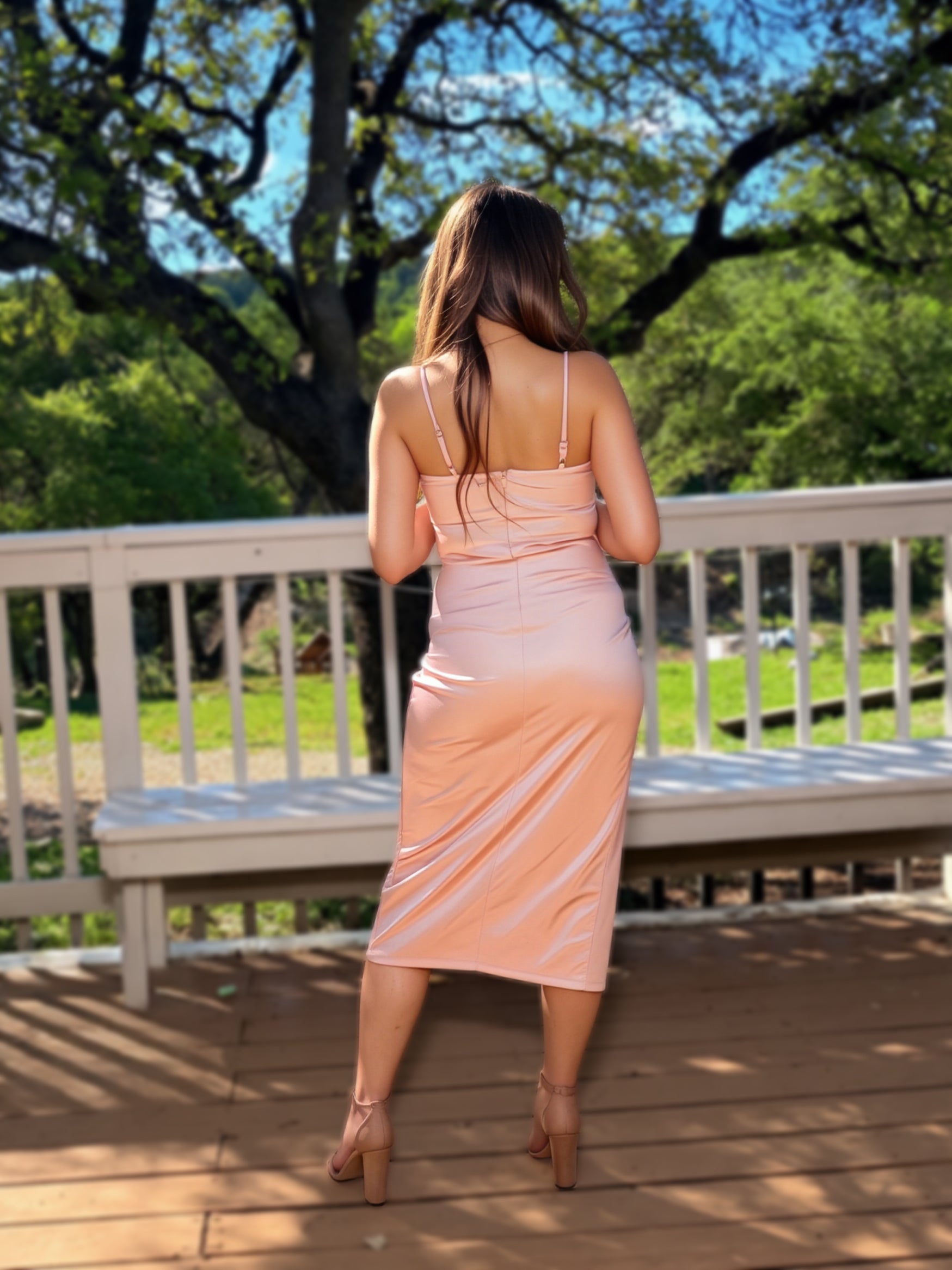 Soft Pink Front Slit Satin Corset Dress - Cassie's Creekside Boutique