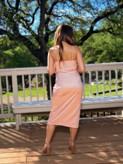 Soft Pink Front Slit Satin Corset Dress - Cassie's Creekside Boutique
