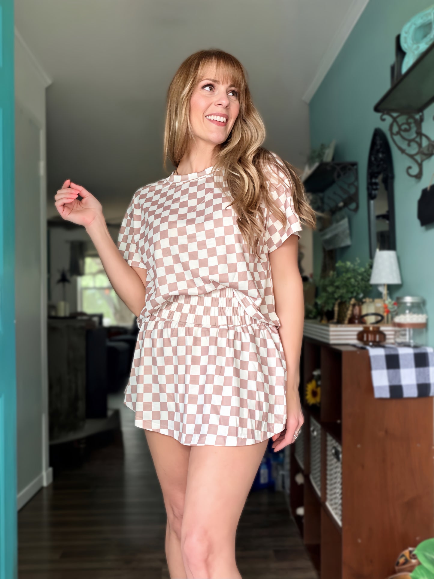 Beige and Checkered Skort set - Cassie's Creekside Boutique