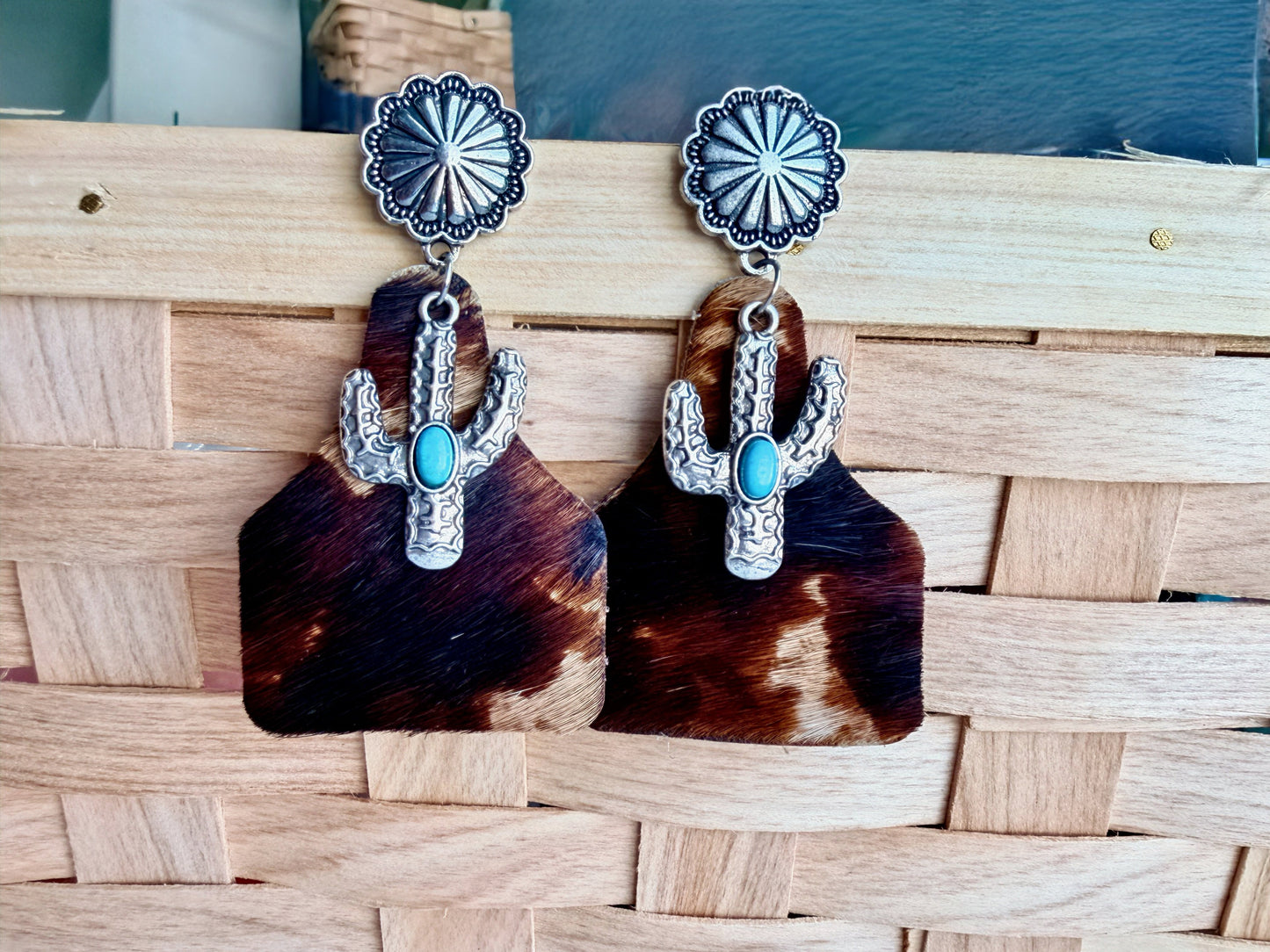 Cowhide Tag and Cactus Earrings - Cassie's Creekside Boutique