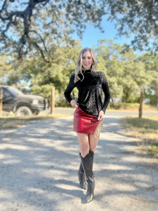 Crimson Faux Leather Mini Skirt with Rhinestones