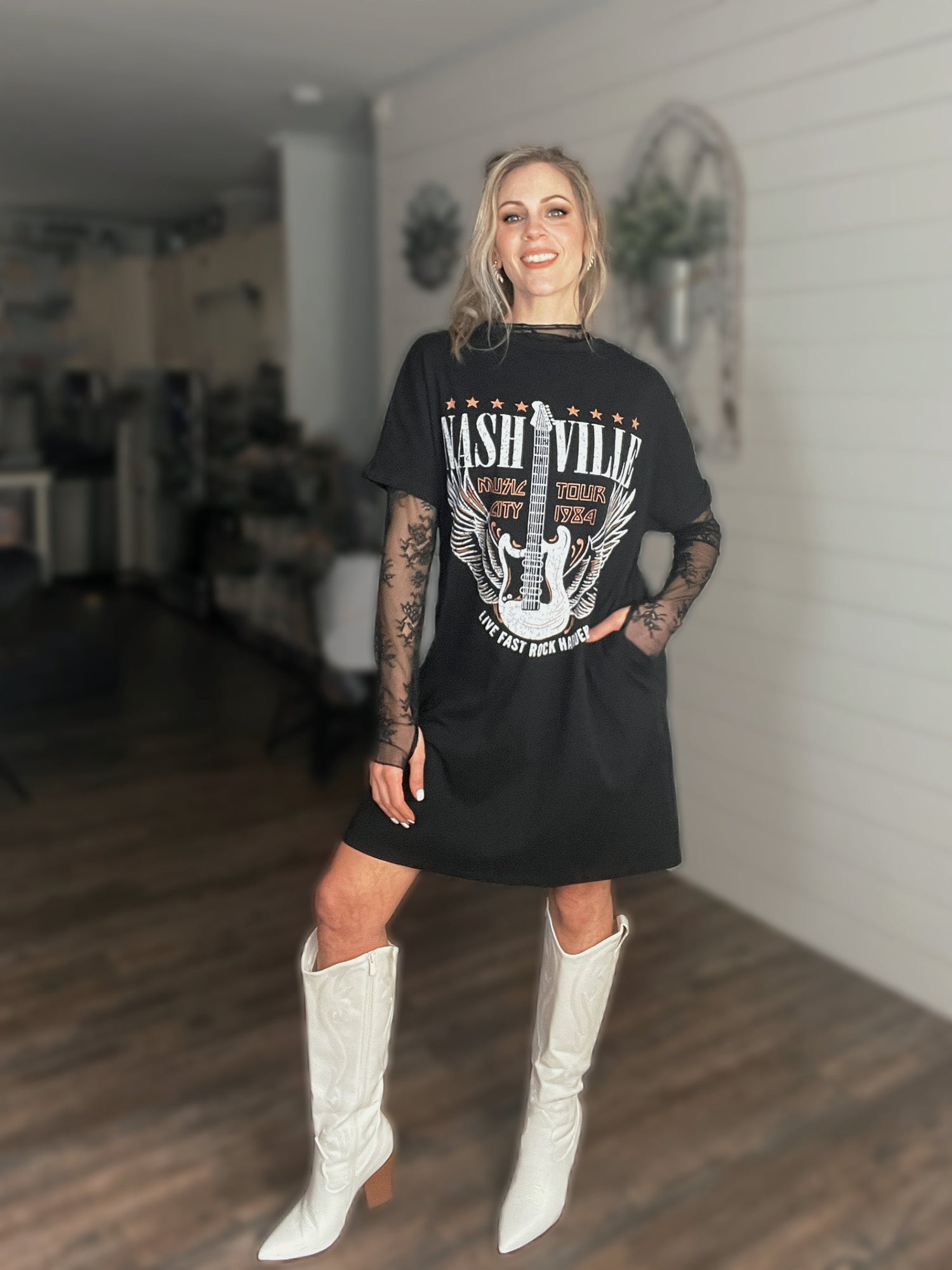 Nashville Guitar Print Black Mini T-Shirt Dress Small Nashville Guitar Print Black Mini T-Shirt Dress Small