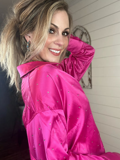 Pink Satin Rhinestone Oversized Button Up - Cassie's Creekside Boutique