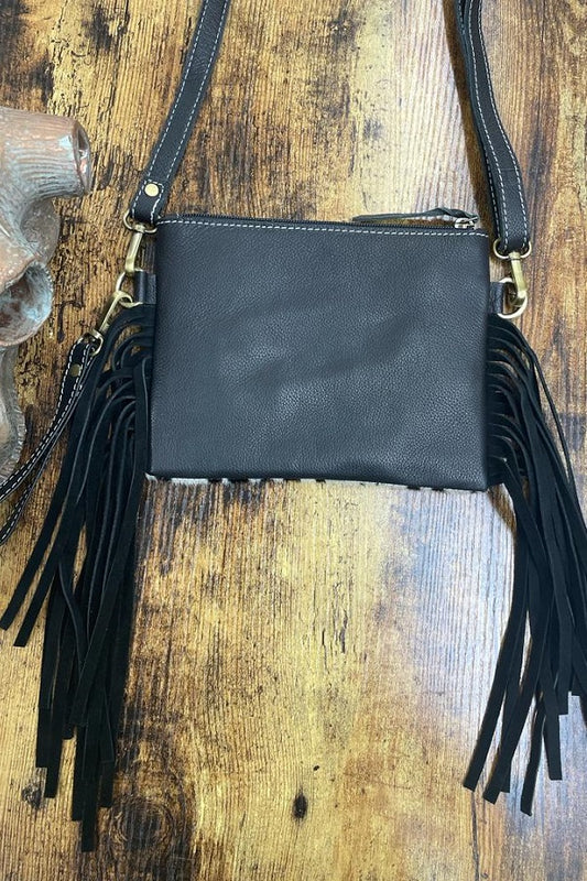 Black Cowhide Genuine Leather Crossbody Fringe Bag W Wristlet & Shoulder Strap