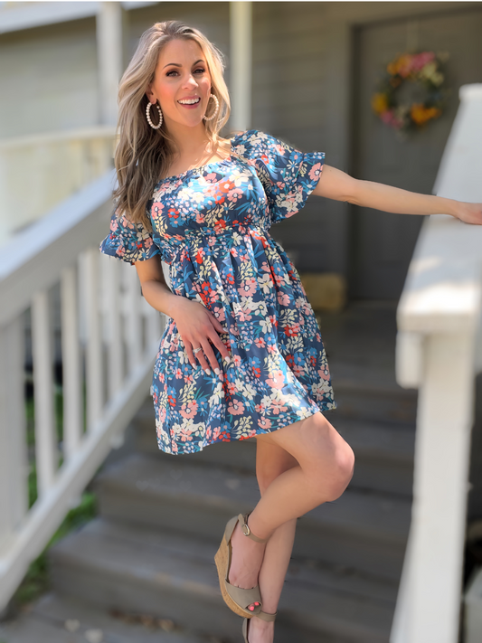 Blue Square Neck Ruffle Floral Dress - Cassie's Creekside Boutique