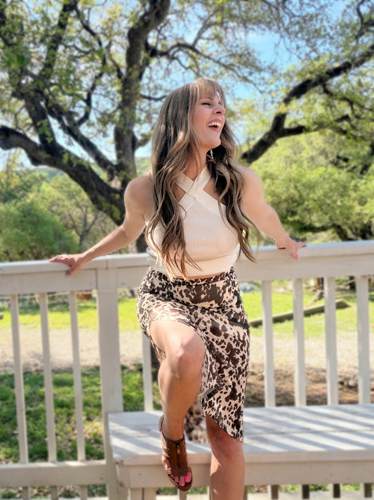 Saddle Up Cow Print Midi Skirt - Cassie's Creekside Boutique