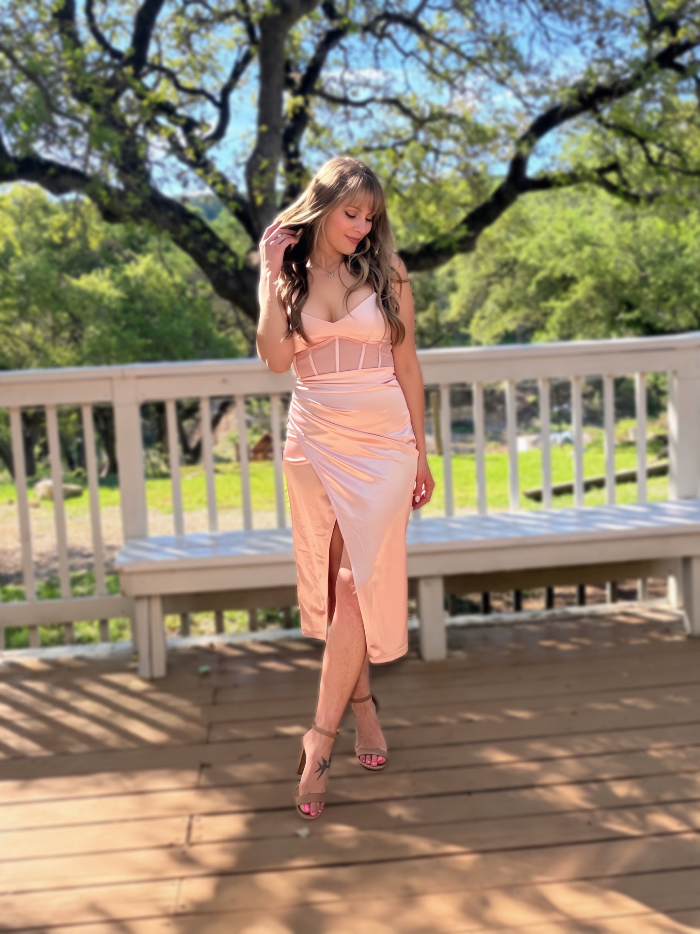 Soft Pink Front Slit Satin Corset Dress - Cassie's Creekside Boutique