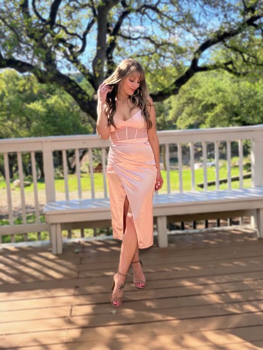 Soft Pink Front Slit Satin Corset Dress - Cassie's Creekside Boutique
