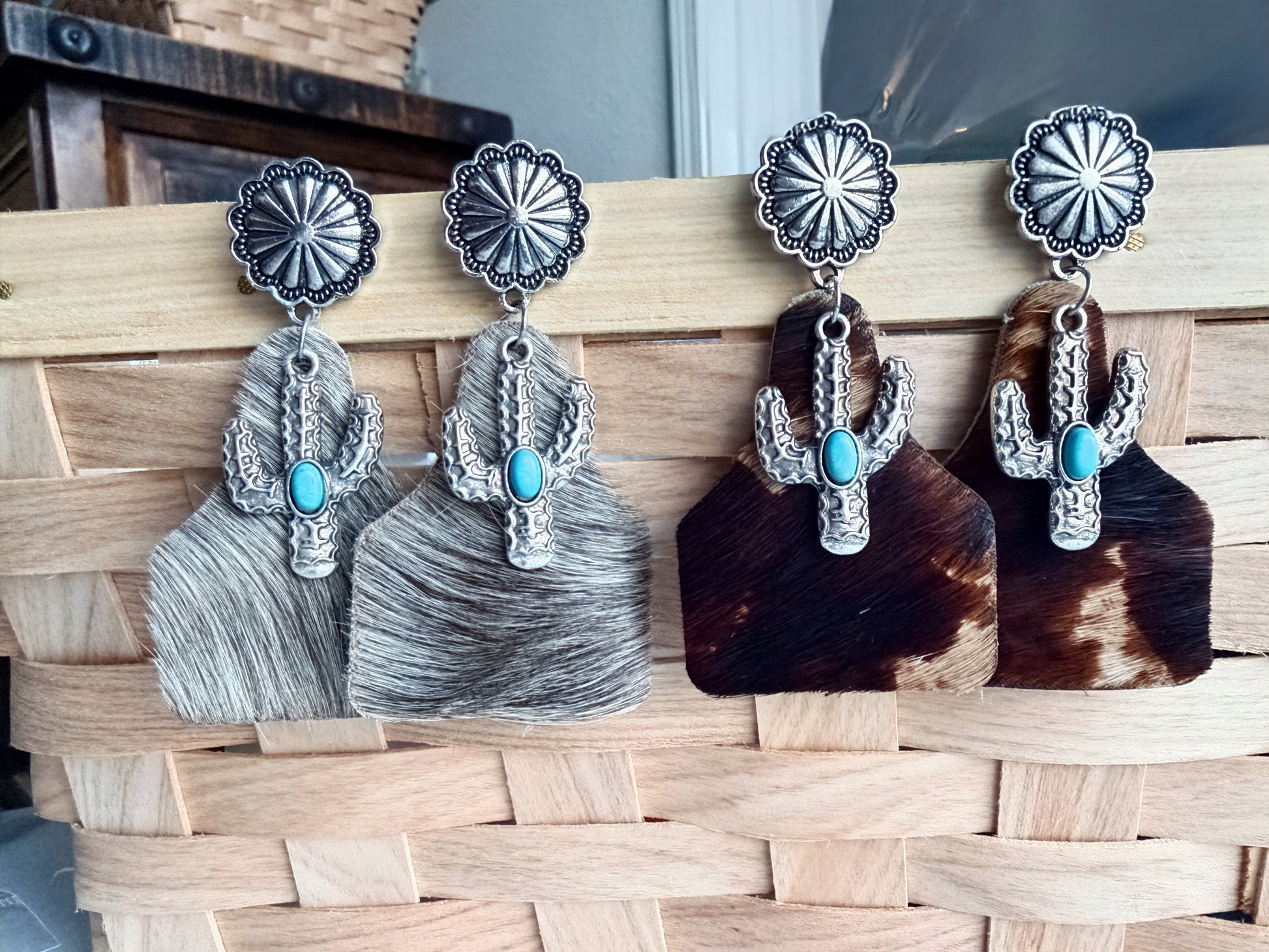 Cowhide Tag and Cactus Earrings - Cassie's Creekside Boutique