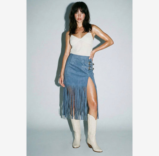 Blue Fringed Double Buckle Skirt