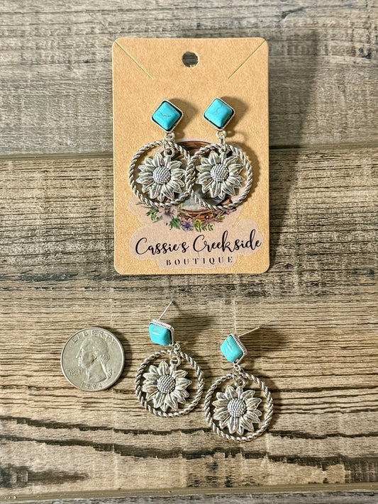 Sunflower Pendant Turquoise Post Earrings