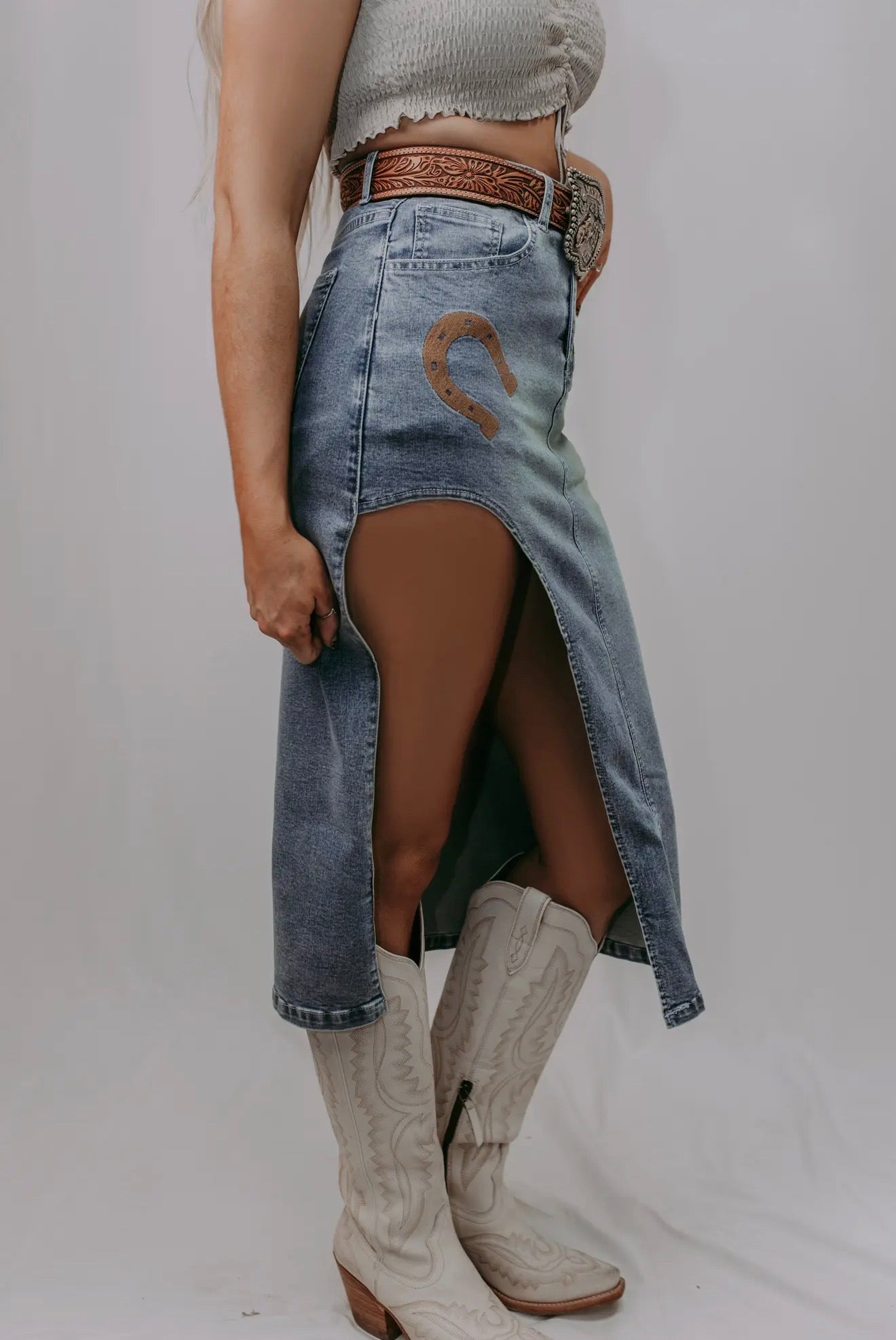 Wild Horses Denim Slit Skirt - Cassie's Creekside Boutique