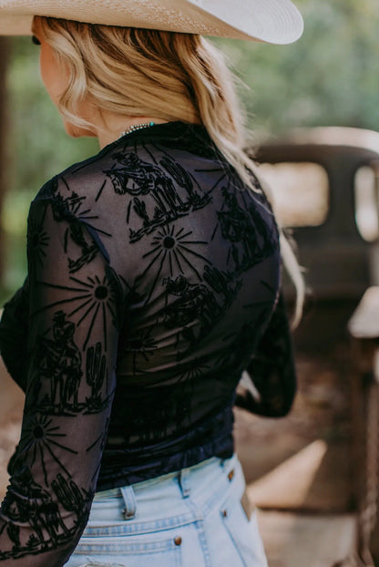 Western Sunshine Black Mesh Top - Cassie's Creekside Boutique