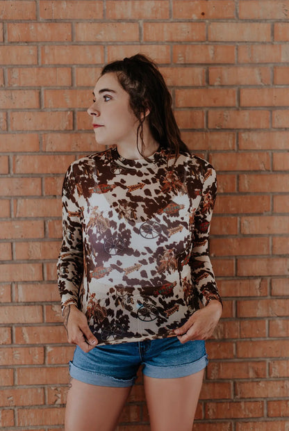 Cowhide Buckaroo Mesh Top - Cassie's Creekside Boutique