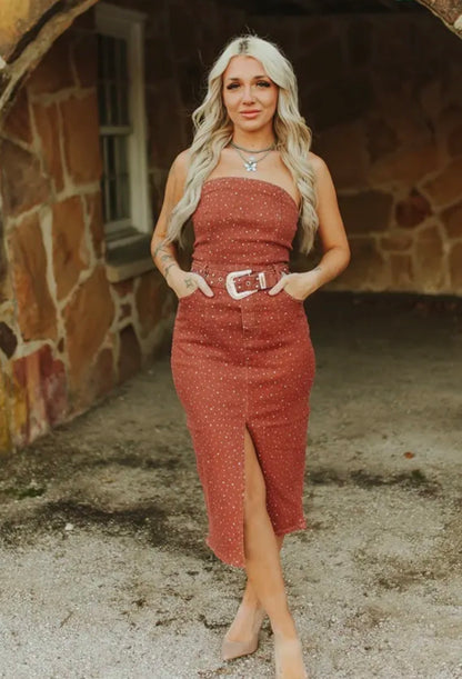 Rustic Red Denim Strapless Dress - Cassie's Creekside Boutique