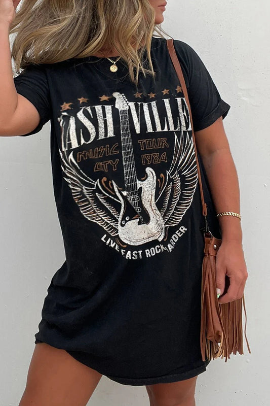 Nashville Guitar Print Black Mini Tshirt Dress