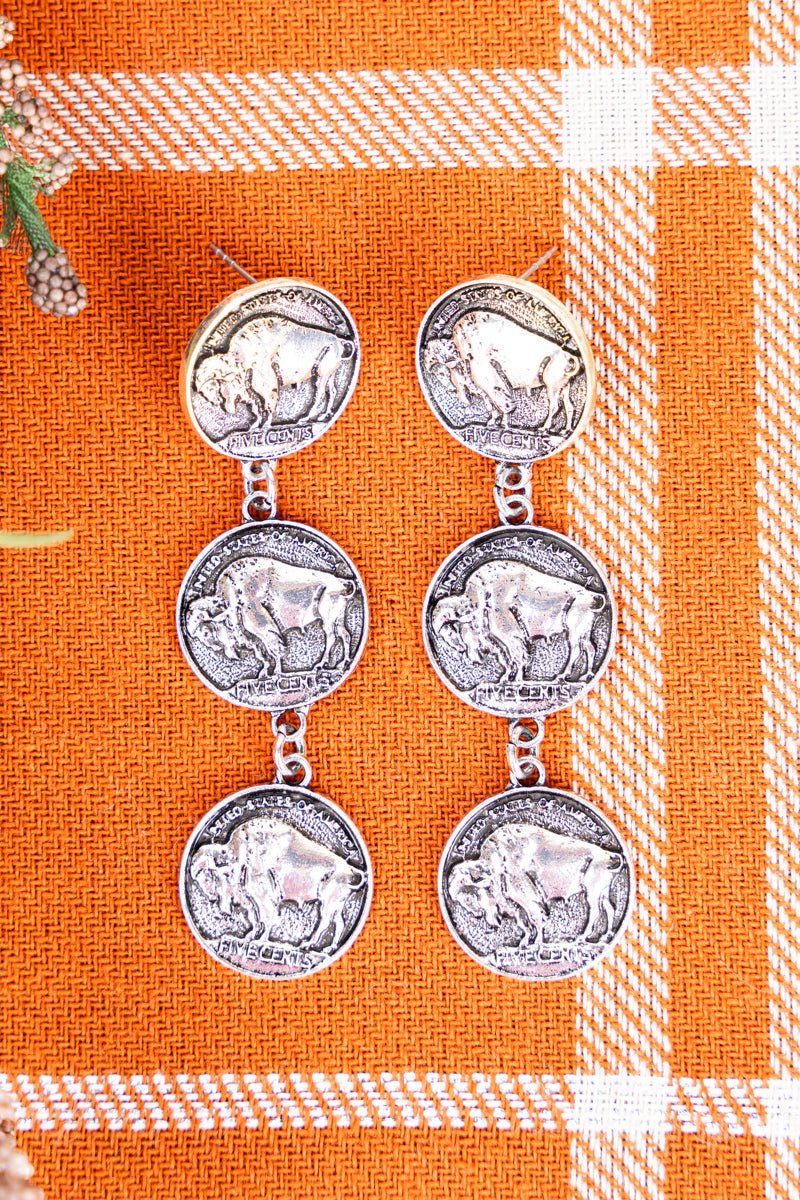 Silvertone Tiered Buffalo Nickel Earrings