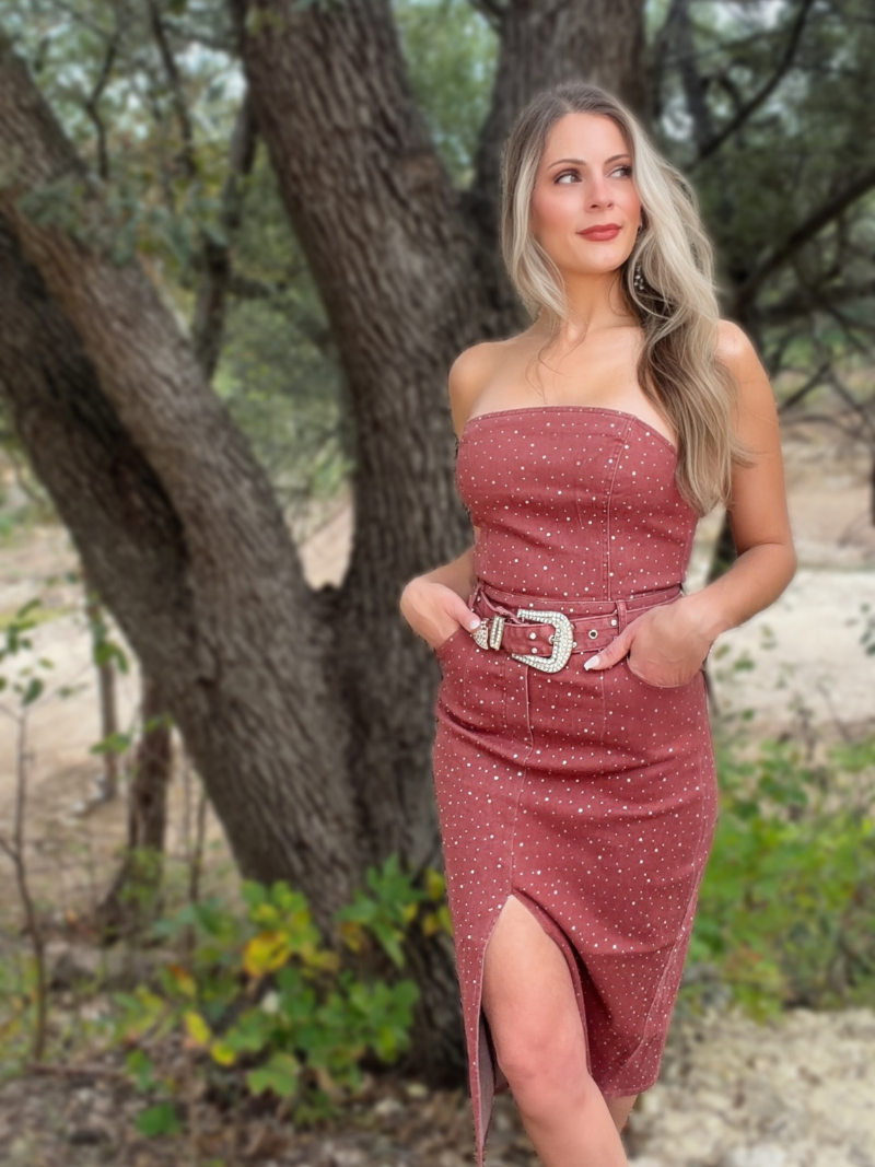 Rustic Red Denim Strapless Dress