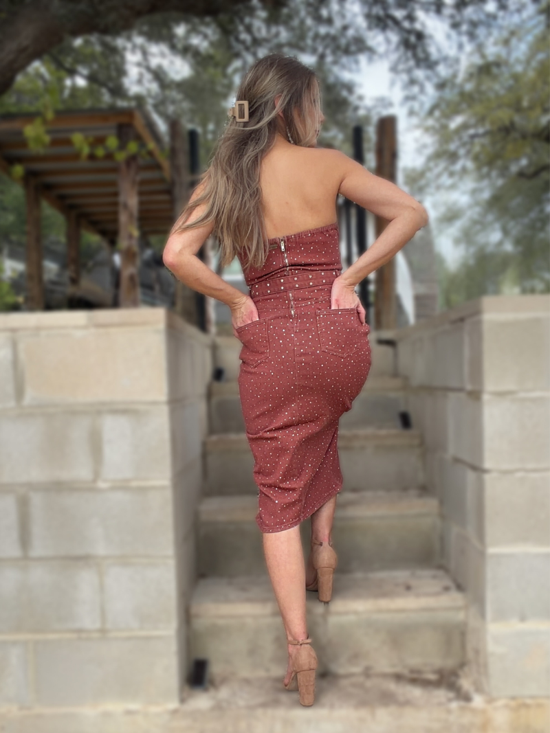 Rustic Red Denim Strapless Dress