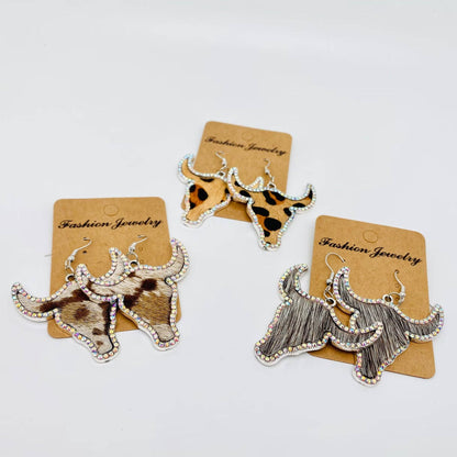 Rhinestone Cowhide Steerhead Earrings