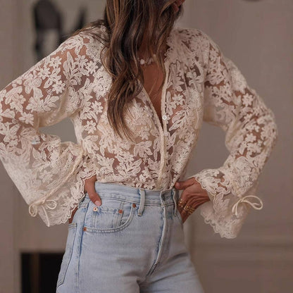 Women's Sheer Floral Lace Blouse Button Up Tie Sleeve - Cassie's Creekside Boutique