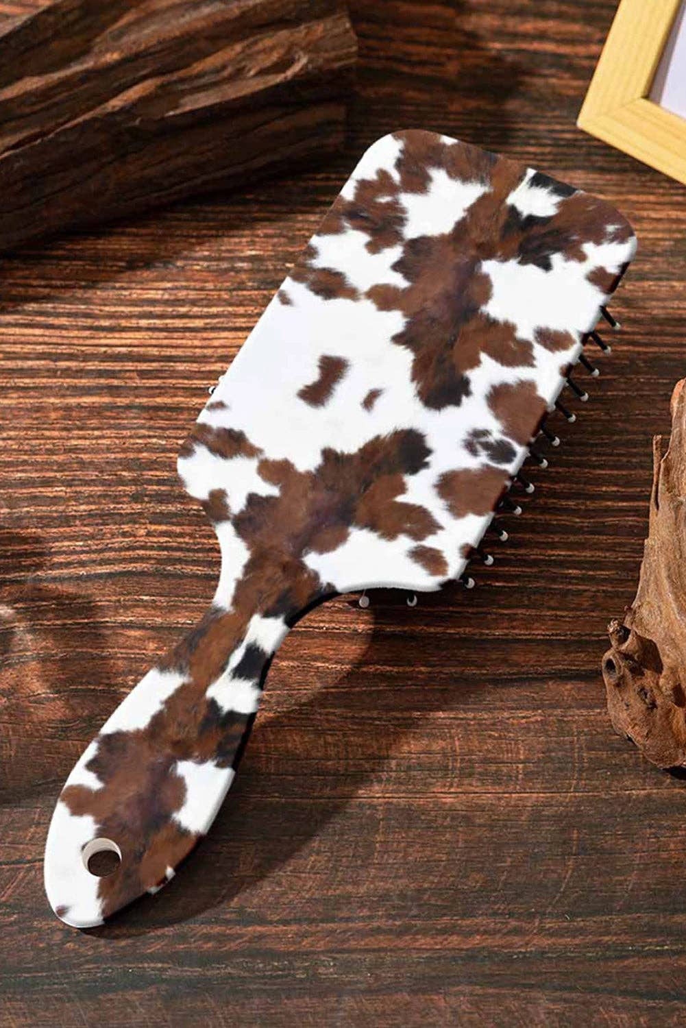 Chestnut Cow Print Air Cushion Hair Brush with Long Handle - Cassie's Creekside Boutique