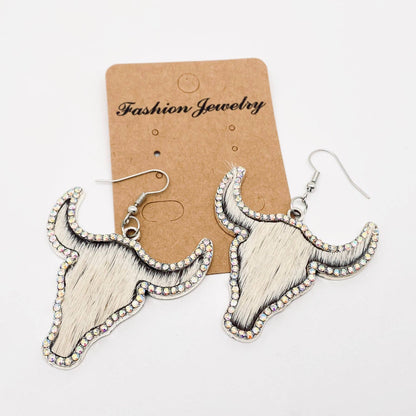 Rhinestone Cowhide Steerhead Earrings