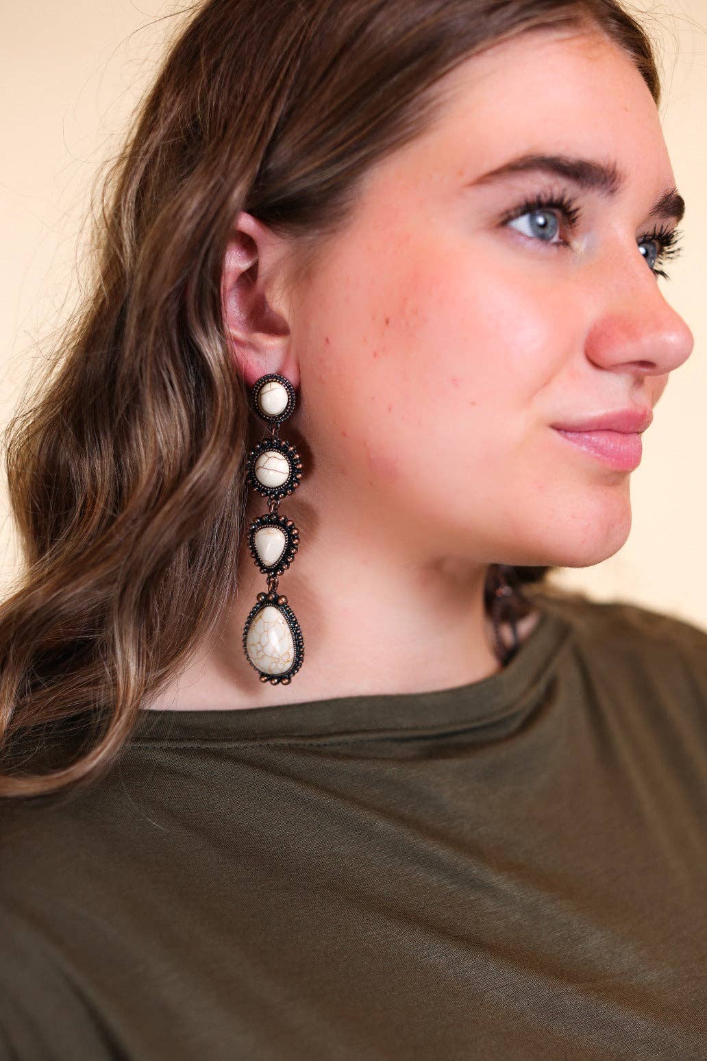 Cream Stone Western Statement Earrings