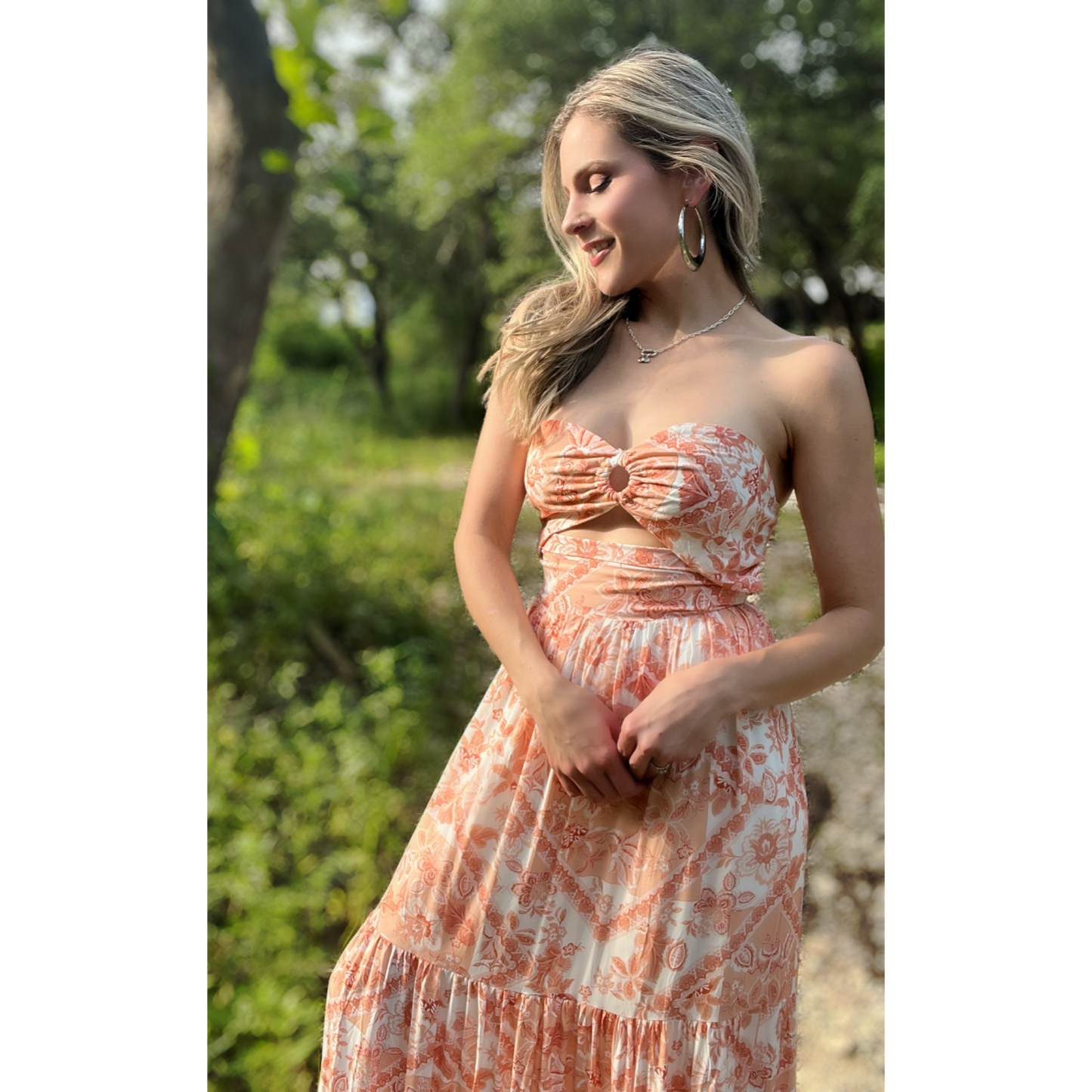 Ocean Breeze Orange Floral Print Strapless Maxi Dress