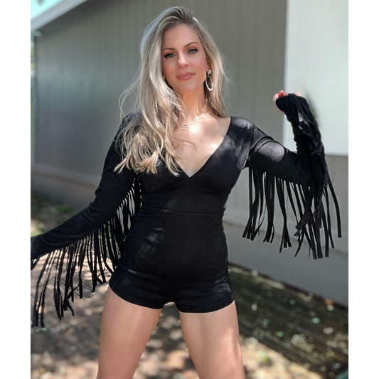 The Rolling Stone Black Suede Fringe Romper