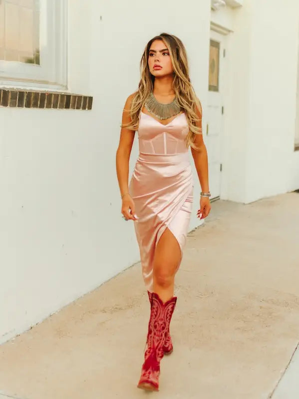 Soft Pink Front Slit Satin Corset Dress - Cassie's Creekside Boutique