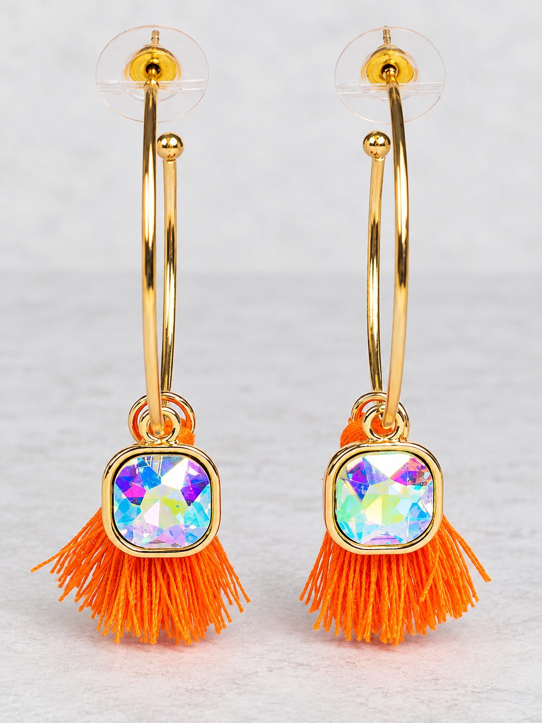 Sunset Sparkle Orange Tassel Hoop Earrings