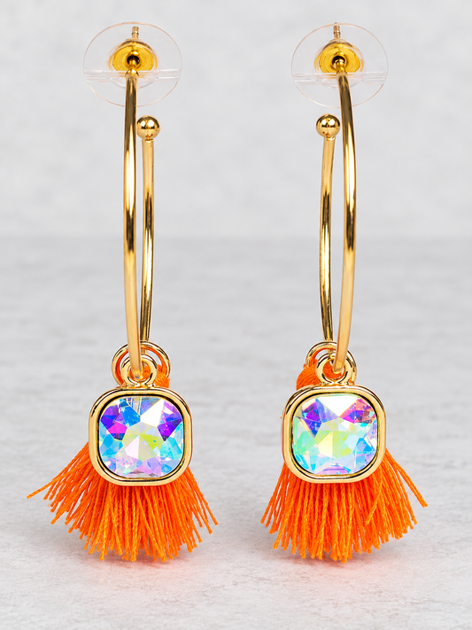 Sunset Sparkle Orange Tassel Hoop Earrings