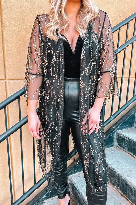 Black Sequin Sheer Long Sleeve Kimono