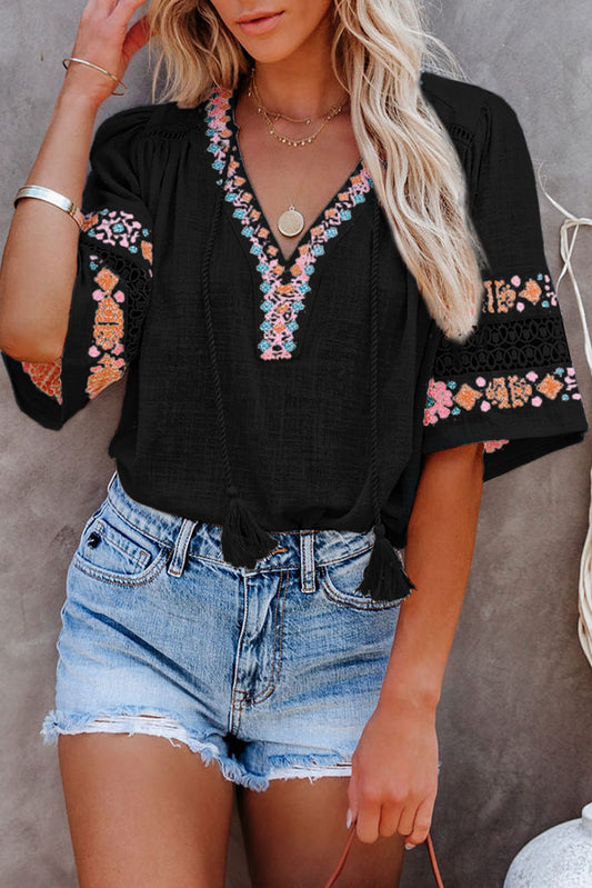 Black Tassel Drawstring Embroidered Half Sleeve V Neck Top