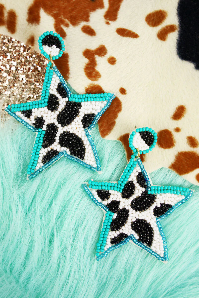 Cow Print Turquoise Star Seed Bead Earrings