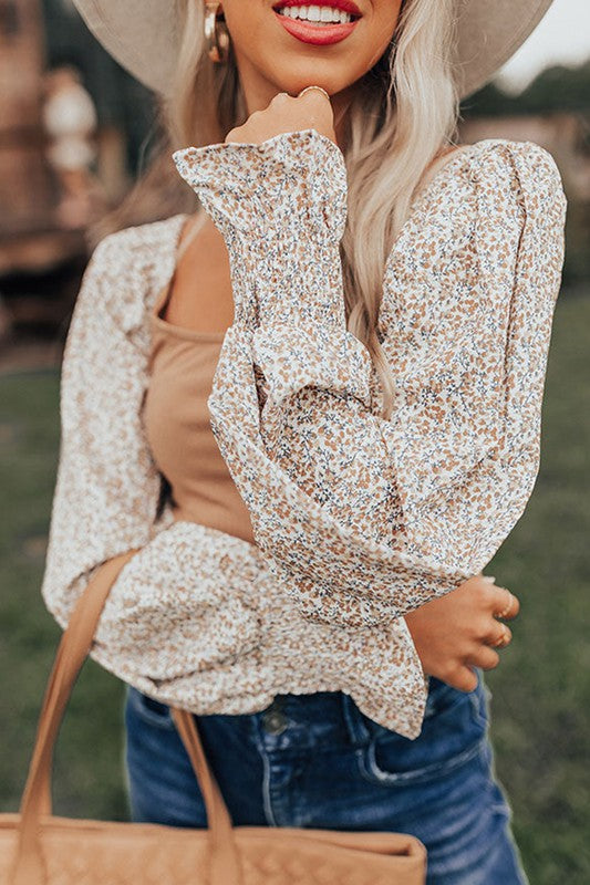 Floral Print Splicing Shirred Puff Sleeve Blouse