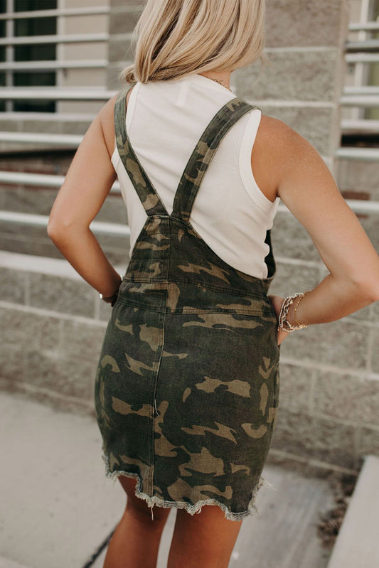 Green Camo Print Overalls Mini Dress