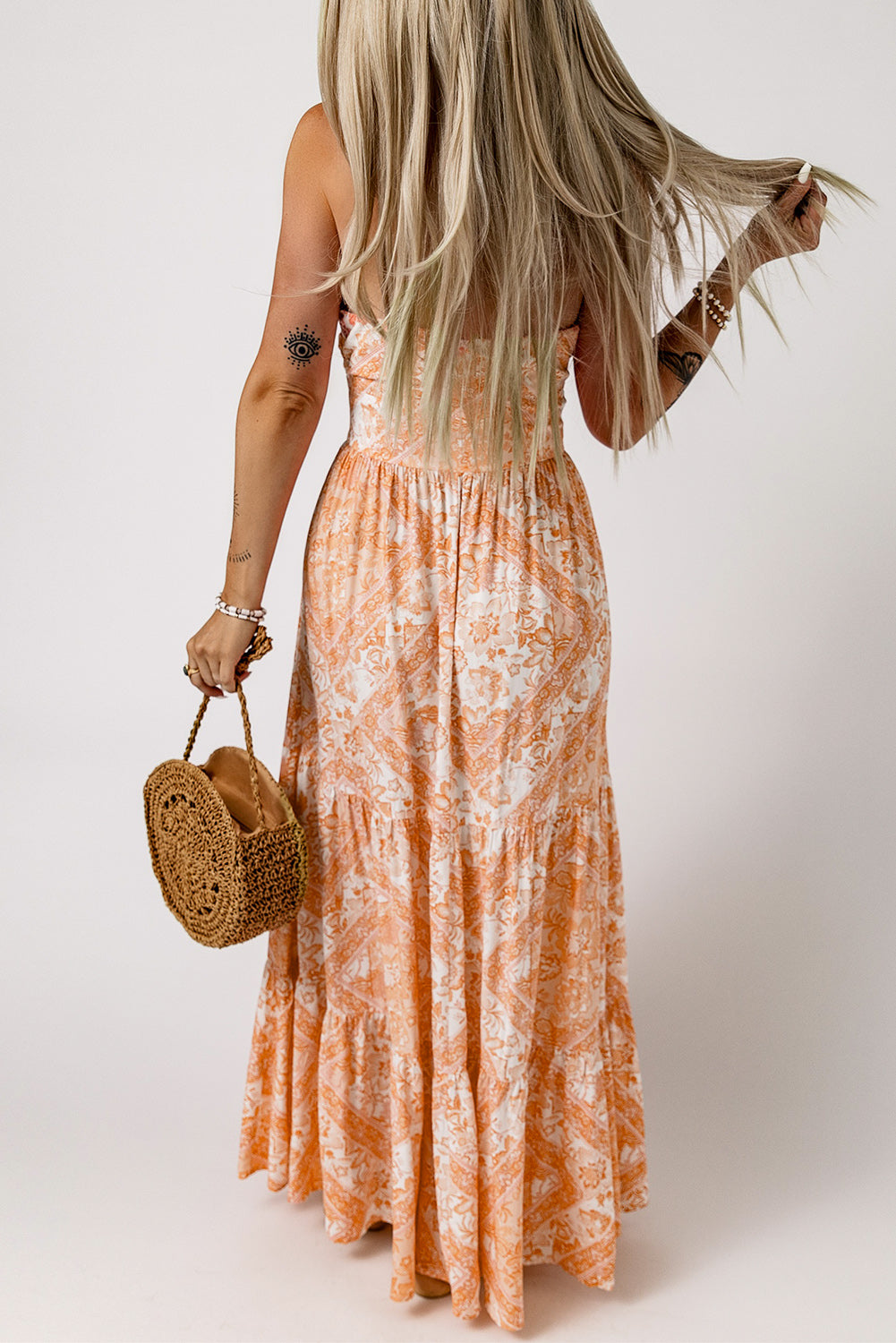 Ocean Breeze Orange Floral Print Strapless Maxi Dress