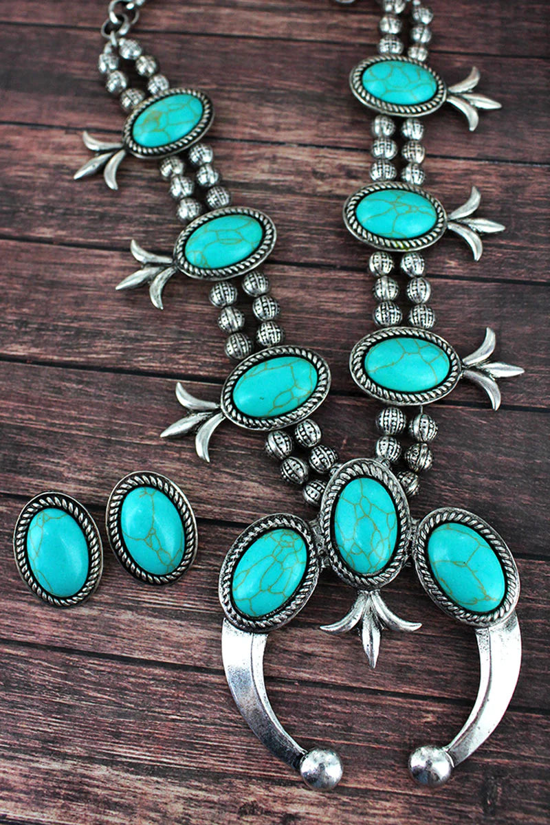 Silvertone And Turquoise Stone Squash Blossom Beaded Necklace And Earring Set