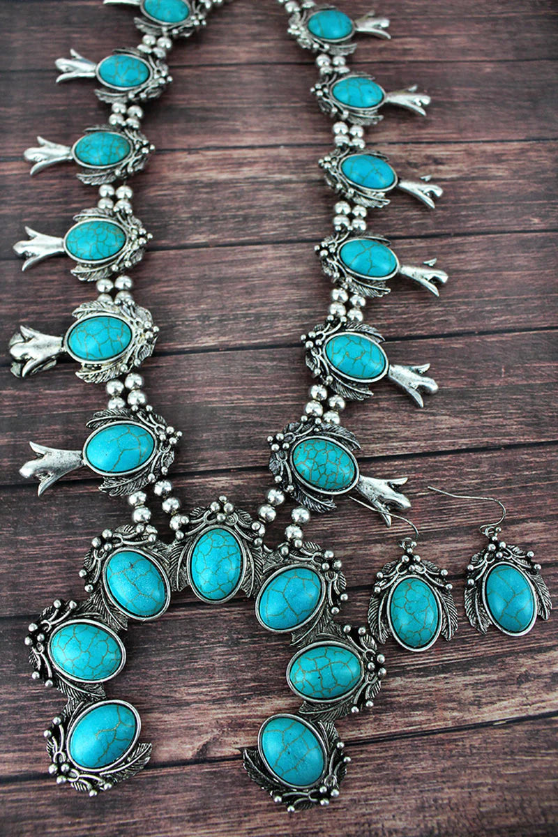 Turquoise with Silvertone Leaf Squash Blossom Necklace And Earring Set