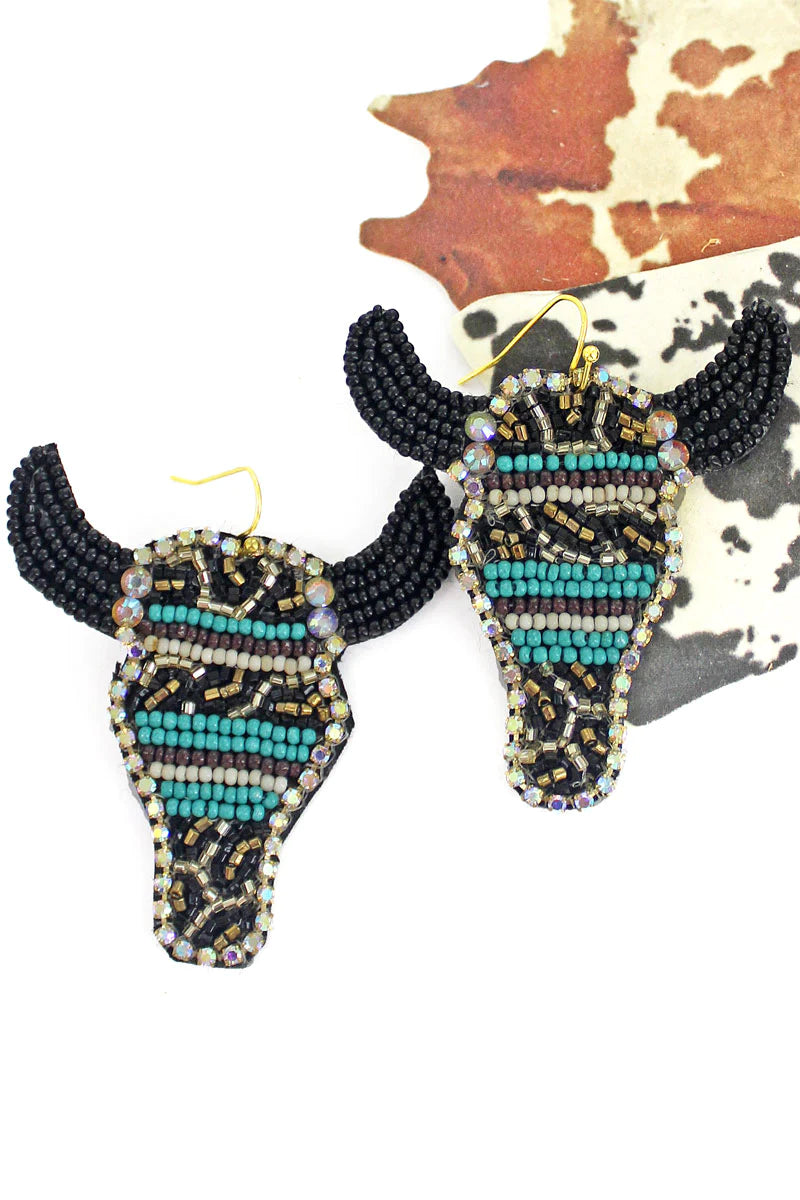 Turquoise Seed Bead Steer Earrings