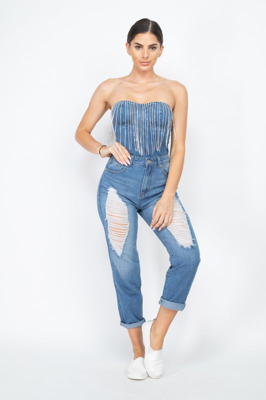 Denim and Fringe Rhinestone Bodysuit