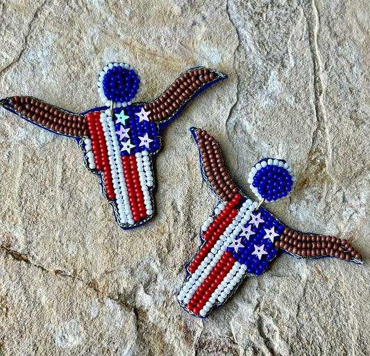 Patriotic Longhorn Seed Bead Earrings
