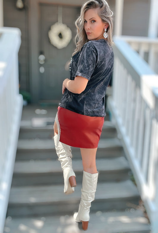 Crimson Faux Leather Mini Skirt with Rhinestones