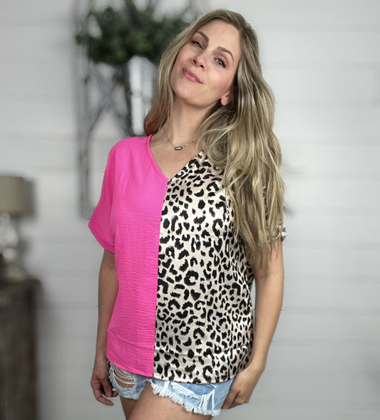 Rose Contrast Leopard Color Block Blouse