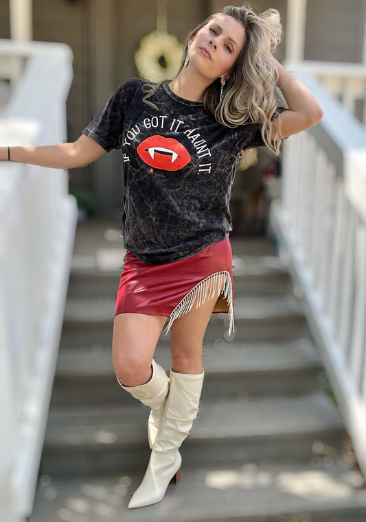 Crimson Faux Leather Mini Skirt with Rhinestones