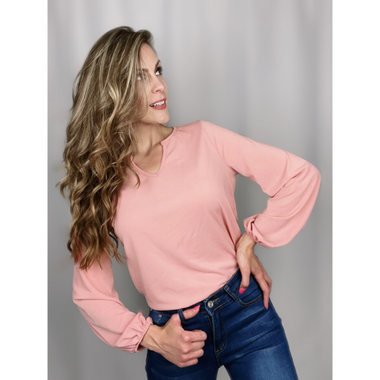 Blushing Knit Top with Bubble Sleeves